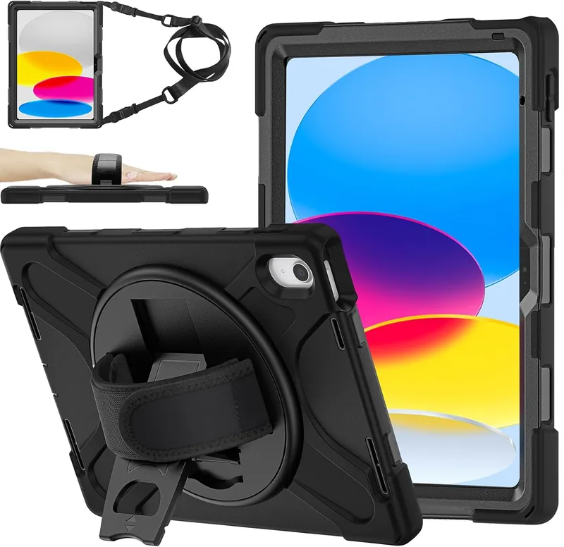 ZenRich rugged iPad case with hand strap, shoulder strap, and rotating kickstand